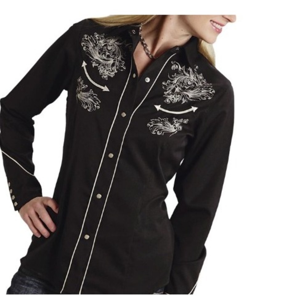 ROPER Womens Black Embroidered Western Snap Front Shirt XS NEW Floral Rodeo
